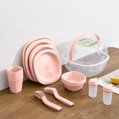 Набор пластиковой посуды для пикника 48 предметов, розовый (4258)